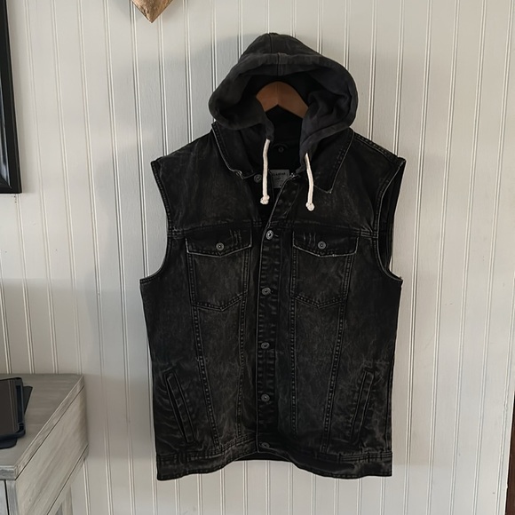 Pull & Bear Charcoal Gray Denim Hooded Vest Jacket XL - Picture 2 of 11